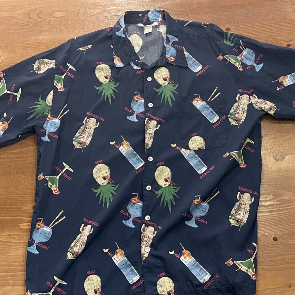 Old Navy Navy Blue Casual Button Down Shirt with Tropical Print